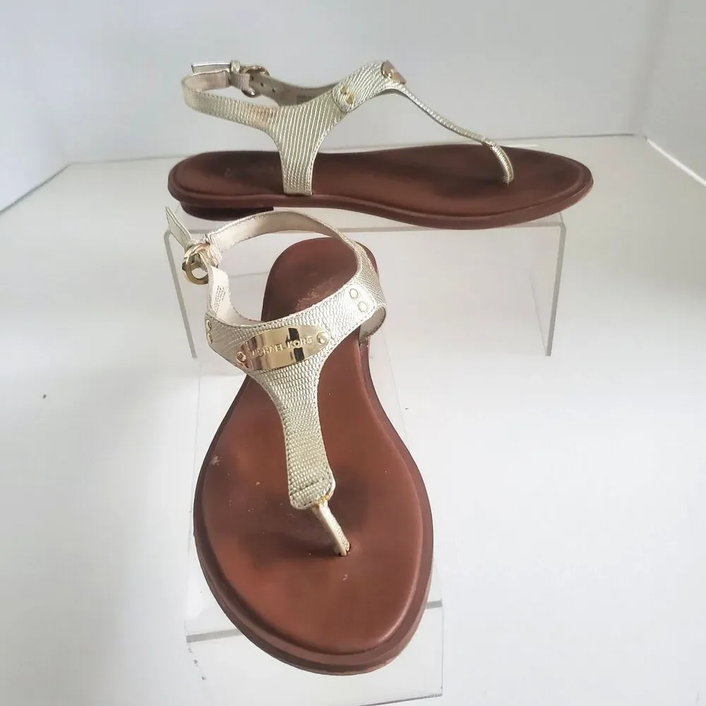 Michael Kors MK Plate Women's Thong Sandals Size 8M Gold Leather Ankle Strap